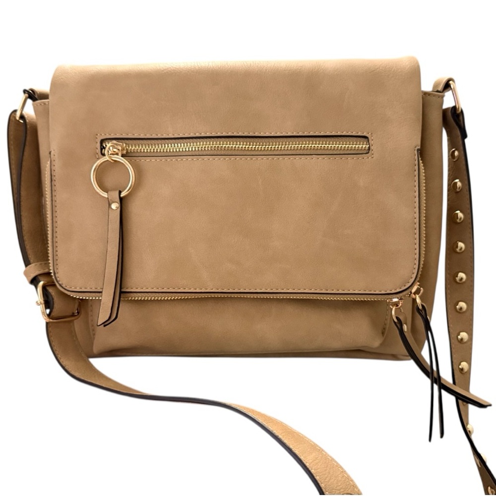 JUNIPER & JOY Fold Over Flap Tan Crossbody Bag Shoulder Bag Vegan Leather NEW